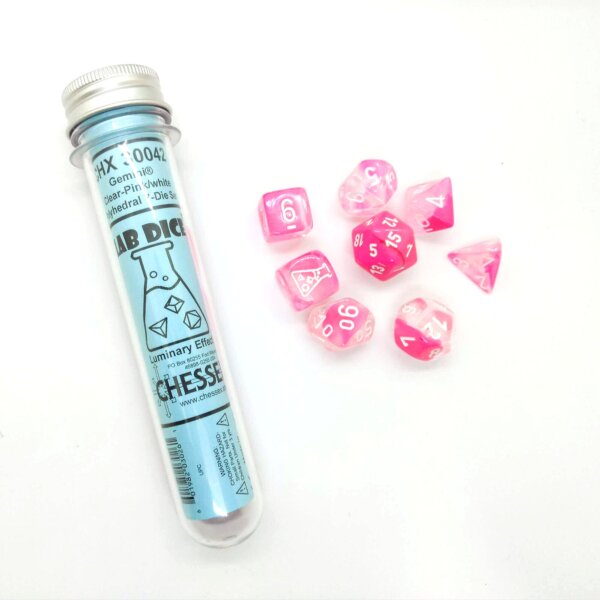 Chessex: Lab Dice - Polyhedral 7-Die Set (Gemini Clear and Pink/White)