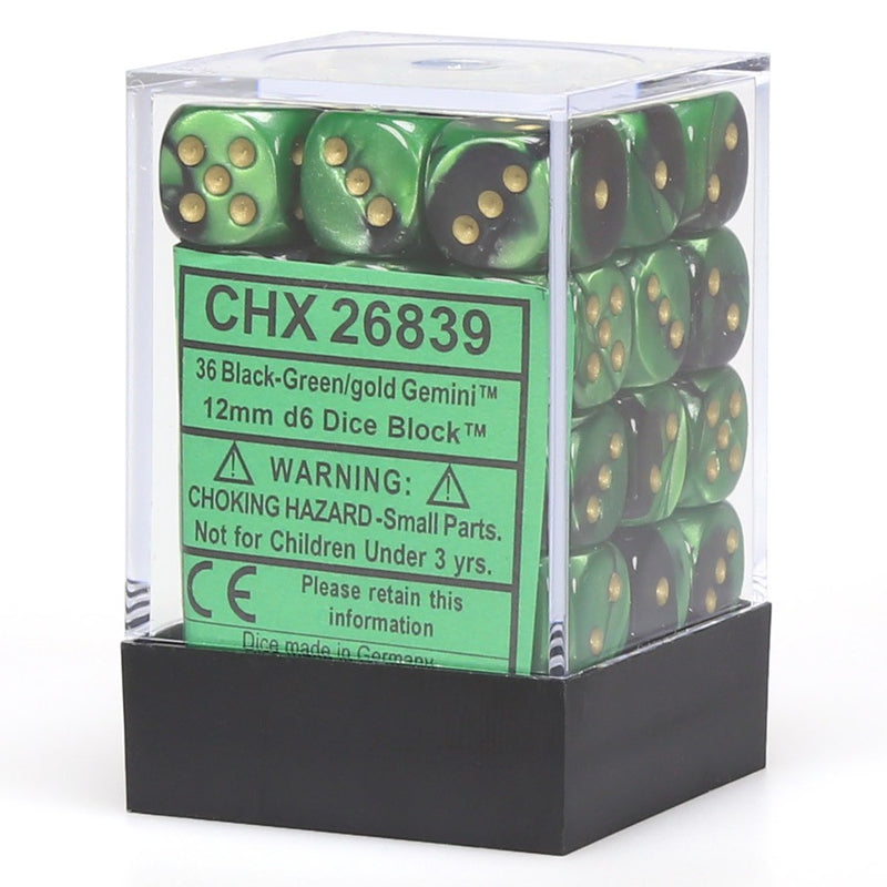 Chessex: 36ct Dice Block - Gemini (Black Green/Gold)