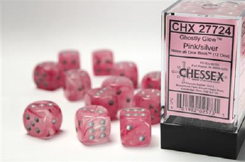 Chessex: 12ct Dice Block - Ghostly Glow (Pink/Silver)